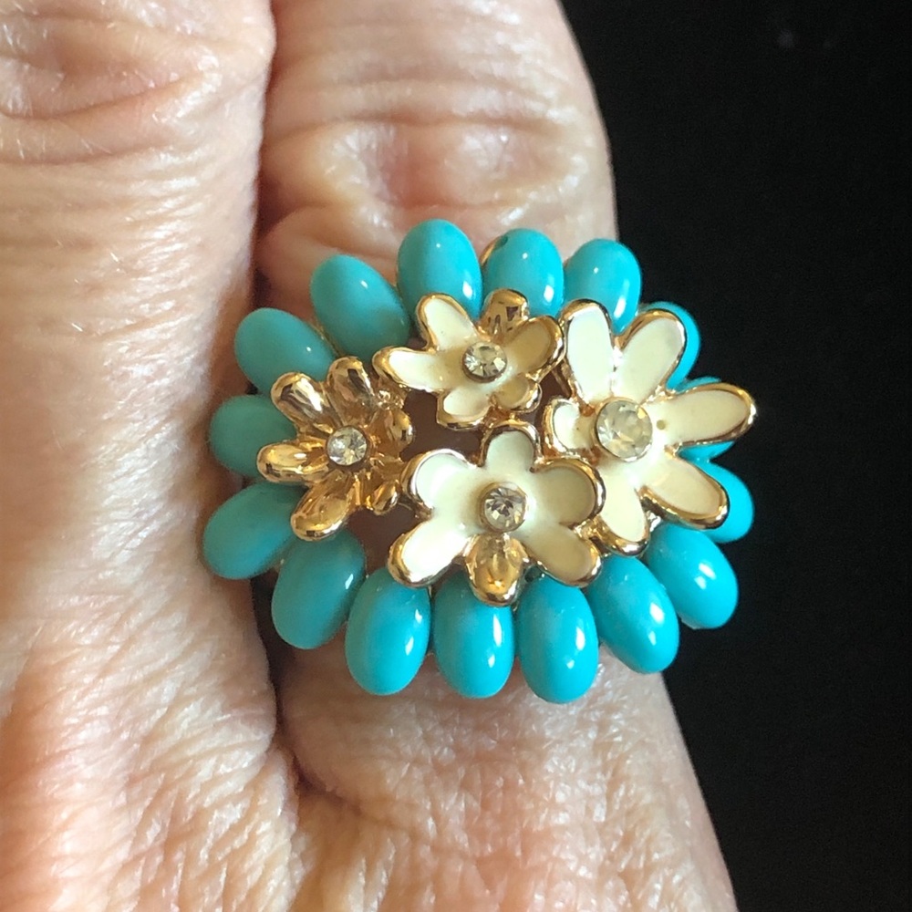 Floral Turquoise Like Blue Color and Gold Tone Women's Ring - Picture 4 of 11